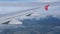 View of forests, fields and villages from the airplane porthole.