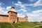View of the fortress wall of the Novgorod Kremlin with the Spasskaya and Dvortsovaya towers. Veliky Novgorod
