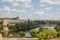 View of fortress wall of Russian Ivangorod fortress and border river Narva from Estonian coast