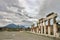 View of the forum of Pompeii with columns and volcano Vesuvius