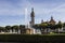 View of the fountain and the lighthouse in the background in the city of Sopot. Poland