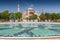 The view of fountain in Sultan Ahmet Park with Hagia Sophia in the background, Istanbul, Turkey