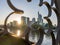 View on frankfurt skyline at sunset from eiserner steg bridge, frankfurt, hesse, germany