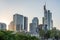 View on frankfurt skyline at sunset from eiserner steg bridge, frankfurt, hesse, germany