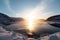 view of frozen fiord with a view of the sunrise, highlighting the beauty and tranquility of the environment
