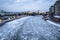 View of frozen Moskva River and Kremlin in winter