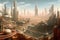 view of futuristic city on mars, with towering buildings and bustling streets