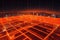 View of a futuristic grid illuminated by bright orange light with reflections of the surrounding cityscape