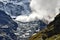 View of the Gangapurna glacier. An avalanche falling on the Gangapurna glacier. Nepal, Himalayas, Asia.