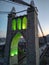 View of the gateway to the suspension bridge at sunset in Constantine, Algeria