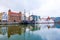 View of Gdansk`s Main Town and berth ships on the Motlawa River. Gdansk, Poland