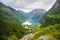 View on Geiranger village from Flydalsjuvet viewpoint, Norway