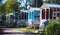 View of german camping place with tents, caravans, trailer park and cabin cottage houses