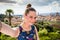 View of a girl at the Michelangelo Square in Florence in Italy