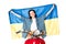 View of girl sitting on red scooter and holding Ukranian flag isolated on white