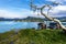 View at the Gjesvaer village and the Barents Sea coast  in the west of Magroya island. Nordkapp Municipality in Norwegian Finnmark