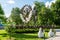 View of Gorky Park in Moscow, with USSR is the Stronghold of Peace monument