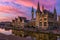 View of Graslei, Korenlei quays and Leie river in the historic city center in Ghent Gent, Belgium.