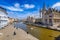 View of Graslei, Korenlei quays and Leie river in the historic city center in Ghent Gent, Belgium.
