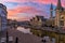 View of Graslei, Korenlei quays and Leie river in the historic city center in Ghent Gent, Belgium.