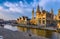 View of Graslei, Korenlei quays and Leie river in the historic city center in Ghent Gent, Belgium.