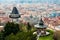 View at Graz City from Schlossberg hill, City rooftops, Mur river and city center, clock tower.