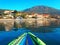 View of Greek Mountain and Fishing Village Reflected in Gulf of Corinth Water