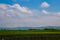 View of green fields and blue sky with white clouds, mountains are visible on the horizon, out of focus