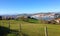 View of green fields in front of Brazo Mayor river, in San Vicente de la Barquera, Cantabria, Spain