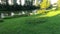 View of the green lawn in the park with an empty boat on the river.