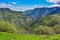 View of the green mountains from the Wings of Tatev cable car. Picturesque views. Armenia 2019.