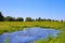 View on green river wetland with forest against blue summer sky - Neer, Netherlands