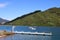 View of Groves Arm Jetty by Queen Charlotte Drive scenic tourist route road, at Okiwa Bay, Queen Charlotte Sound, South Island New