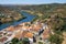 View of Guadiana river bend and residential houses of Mertola city on the ripe. Mertola. Portugal