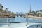 View of the Gulf of Eilat with luxury yachts. Waiting for the opening of the bridge to exit the yacht from the bay