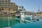 View of the Gulf of Eilat with luxury yachts. On the yacht you can sunbathe, jump into the open sea and enjoy drinks and exotic