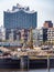 View at Hafencity with construction site and Elbphilharmonie and residential buildings at fine weather in Hamburg, Germany