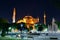 View of the Hagia Sophia at night in Istanbul, Turkey