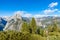 View of Half Dome, Yosemite Valley, Vernal and Nevada Falls from the Glacier Point in the Yosemite National Park, California, USA