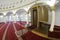 View of hall for praying iwan of the Ar-Rahma Mosque Mercy Mosque with minbar pulpit. Kyiv, Ukraine