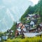 view of hallstatt old wooden buildings alps mountains on background