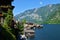 View of Hallstatt town at the shore of HallstÃ¤tter See and Dachstein mountains