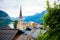 View of Hallstatt village with Christuskirche church bell tower