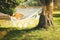 View of hammock and book on a summer day