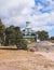 View of Hanko town coast, Hango, Finland, with beach and coastal waterfront, wooden houses and beach changing cabins, Uusimaa,