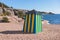 View of Hanko town coast, Hango, Finland, with beach and coastal waterfront, wooden houses and beach changing cabins, Uusimaa,