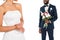 View of happy african american bride standing near bearded bridegroom holding flowers isolated on white
