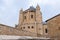 View from the Har Tsiyon street on the outer walls of Dormition Abbey in old city of Jerusalem, Israel