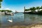 View of the harbor and Seepark in Konstanz with ducks and swan in the foreground