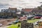 A view of the harbour area in Craster, Northumberland, UK, with fishing boats